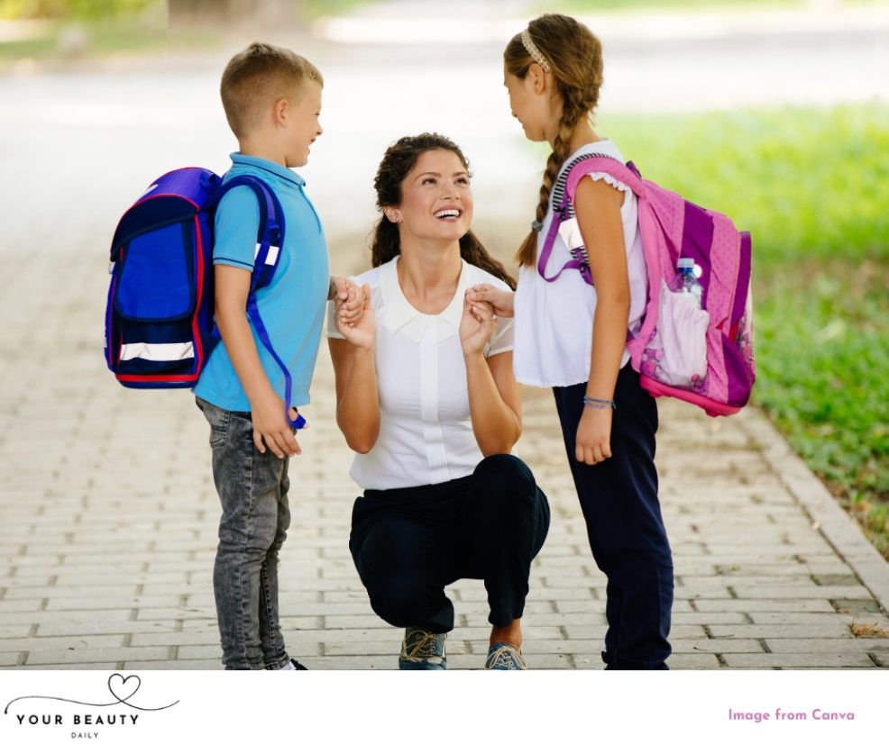 picture of a happy mum taking children to school with natural easy make up