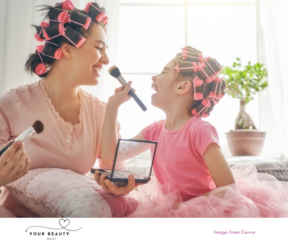 picture of a happy mum and daughter playing with beauty products